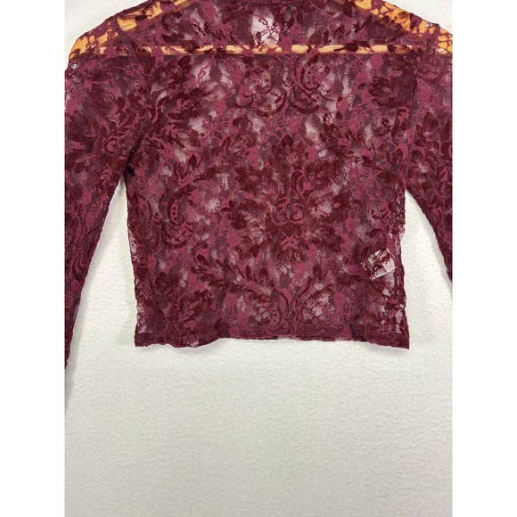 Romantic Goth Forever 21 Small Burgundy Sheer Flocked Floral Lace Mock Neck Top - Picture 5 of 8